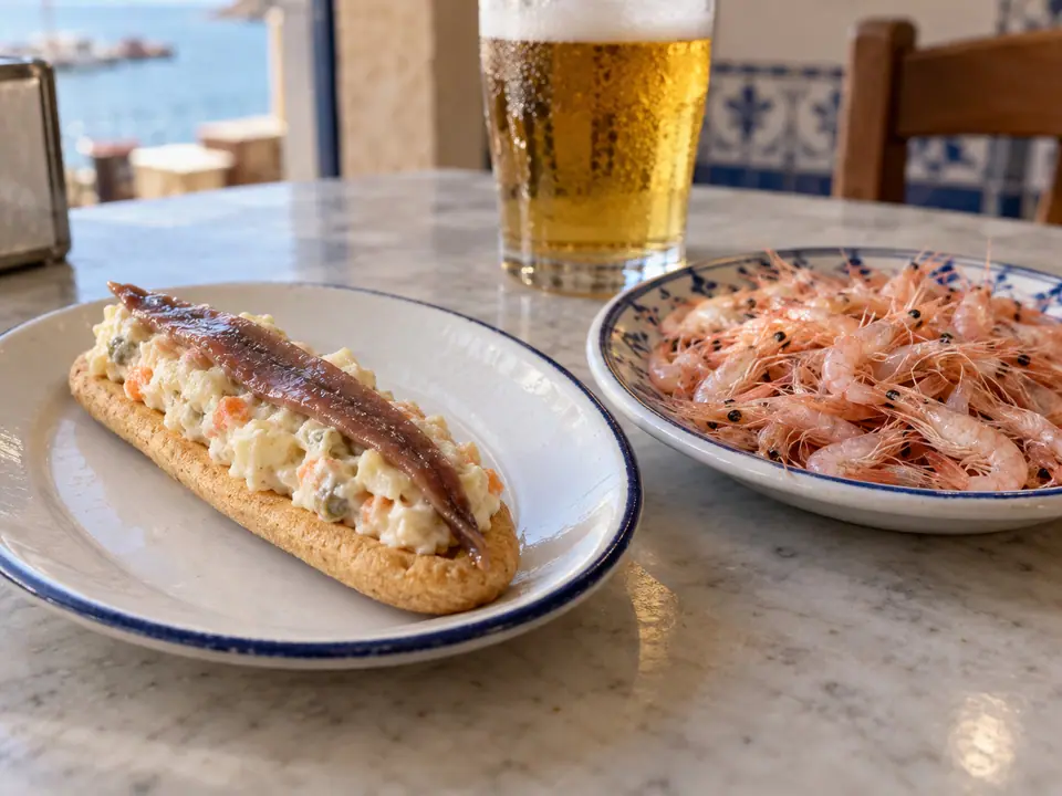 Marinera y quisquillas sobre una mesa