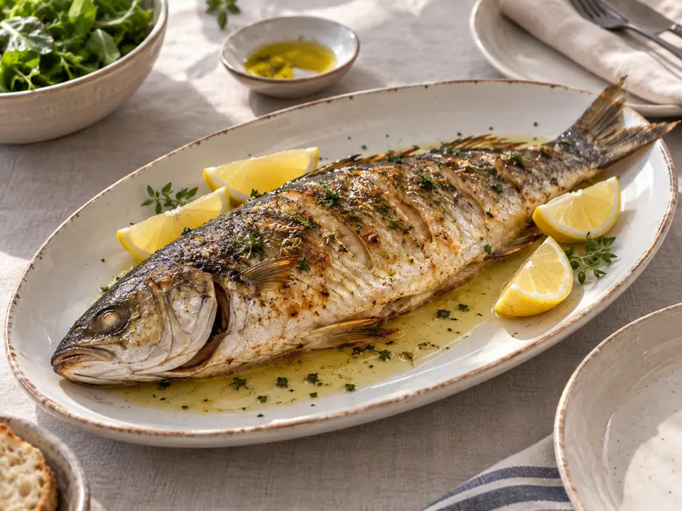 Pescado a la sal servido con limón