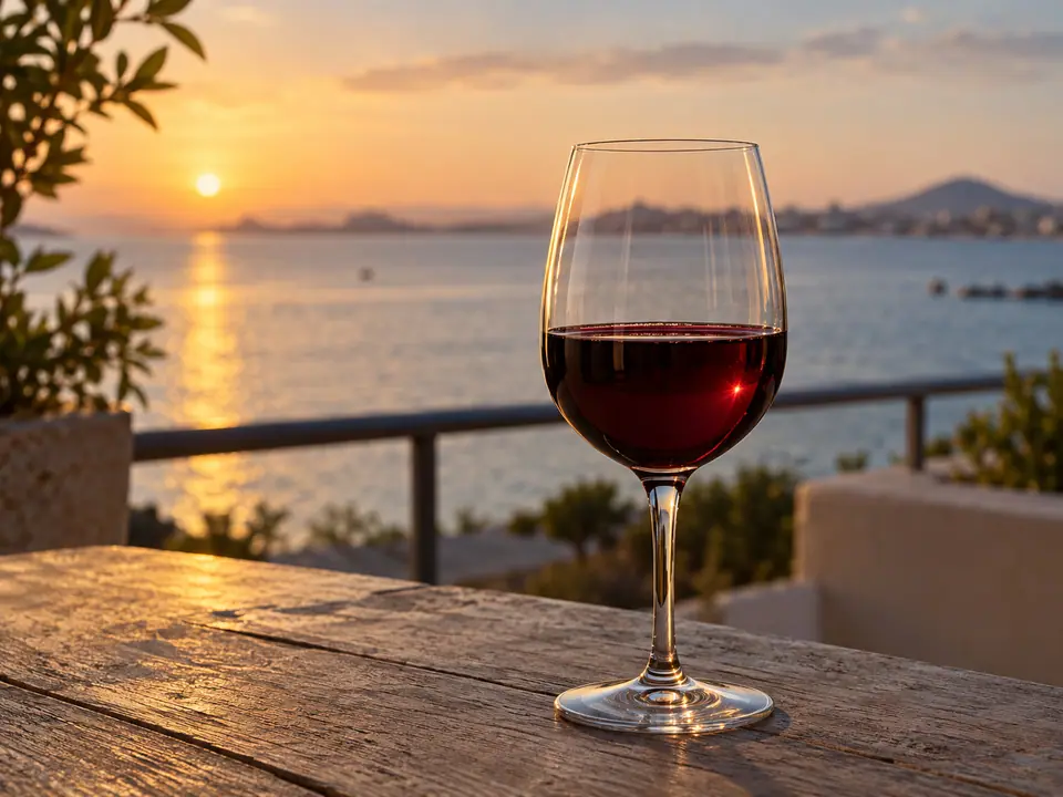 Copa de vino tinto frente al mar al atardecer